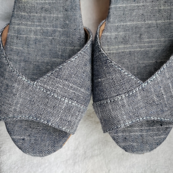 Toms | Chambray Blue Cork Wedge Buckle Platform Sandals Womens Size 7.5 - Picture 13 of 16